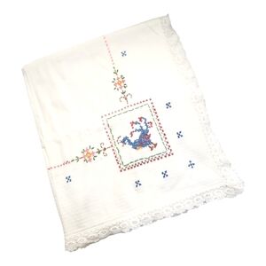 Vintage Peacock Cross Stitched White Cotton Table Square 37" x 33"